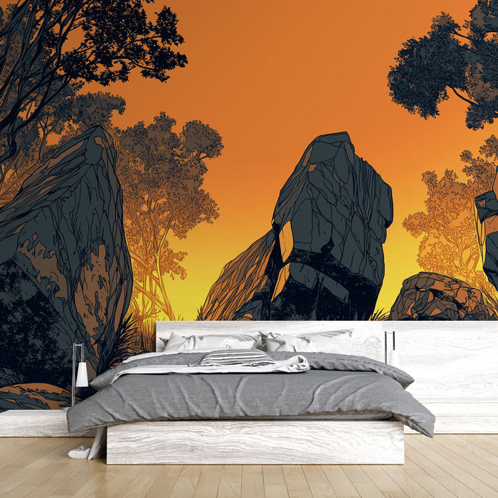 Une chambre moderne avec un papier peint représentant des rochers sombres sur fond dégradé orange, créant une atmosphère chaleureuse et naturelle.