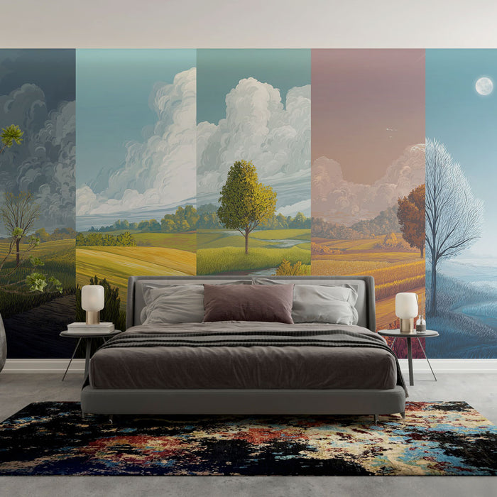 Une chambre moderne avec un papier peint représentant des paysages saisonniers en dégradé, évoquant une atmosphère sereine et naturelle.