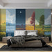 Une chambre moderne avec un papier peint représentant des paysages saisonniers en dégradés de couleurs, créant une atmosphère apaisante et naturelle.