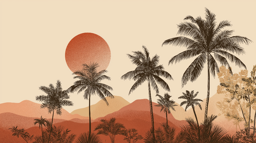 Papier peint paysages tropicaux Palmiers élégants devant un coucher de soleil orangé