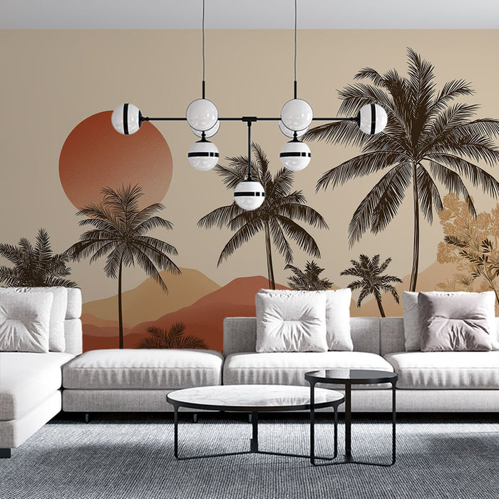 Papier peint paysages tropicaux | Palmiers élégants devant un coucher de soleil orangé