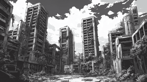 Papier peint paysages urbains Ruines futuristes et nature florissante