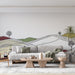 Papier peint paysage viticole avec illustrations minimalistes de collines et vignes pour salon moderne.