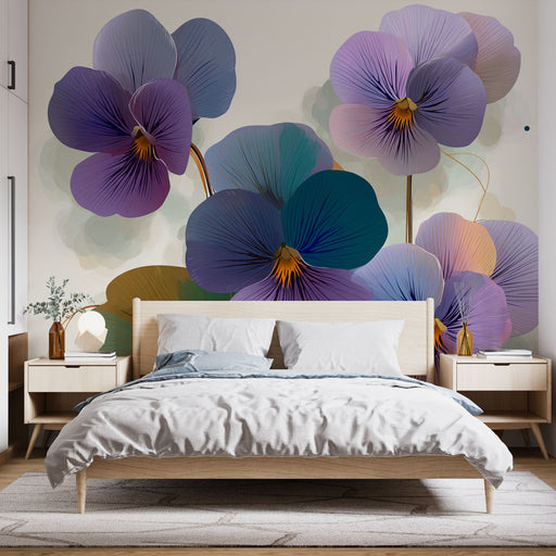 Une chambre moderne avec un papier peint floral représentant de grandes pensées aux teintes violettes et turquoise, créant une atmosphère douce et apaisante.