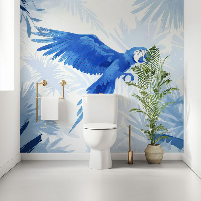 Papier peint toilette | Perroquet bleu en vol dans une jungle stylisée