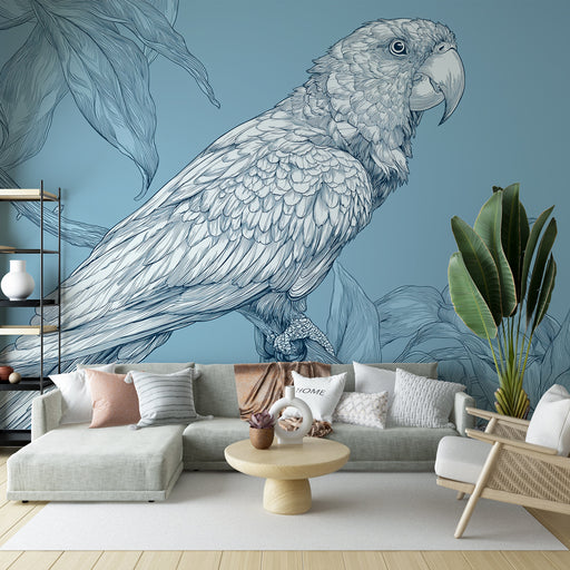 Un salon moderne avec un papier peint illustrant un perroquet en ligne claire sur fond bleu, créant une ambiance tropicale et artistique.