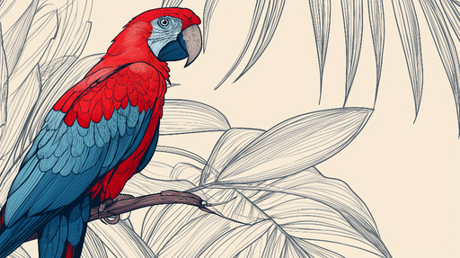 Papier peint perroquet Illustre un perroquet coloré entouré de feuilles délicates