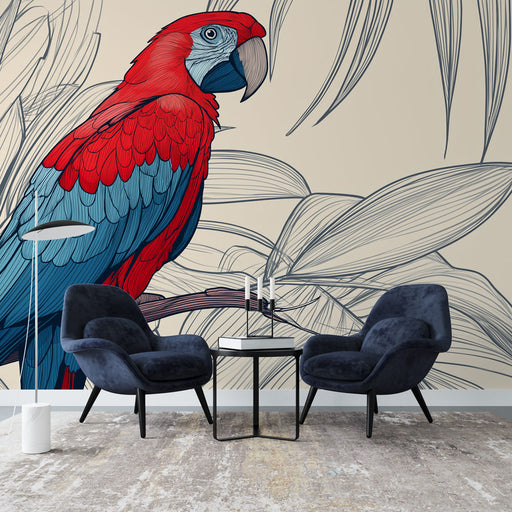 Une salle de séjour contemporaine avec un papier peint illustrant un perroquet coloré sur fond beige, créant une ambiance tropicale et vivante.