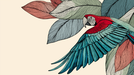 Papier peint perroquet Magnifique perroquet coloré entouré de grandes feuilles détaillées