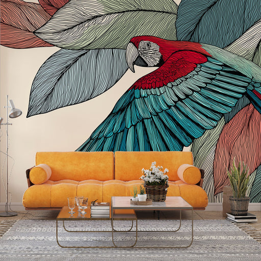 Un salon contemporain avec un papier peint tropical représentant un perroquet coloré aux plumes rouges et bleues, entouré de grandes feuilles stylisées, créant une ambiance vivante et exotique.