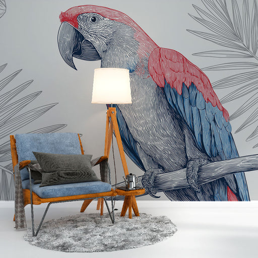 Une pièce moderne avec un papier peint représentant un perroquet stylisé aux couleurs vives, créant une ambiance tropicale et artistique.