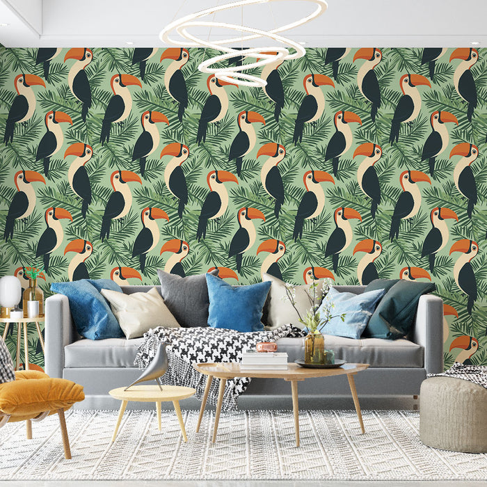 Un salon moderne avec un papier peint tropical représentant des toucans colorés entourés de feuillages luxuriants, créant une atmosphère vivante et exotique.