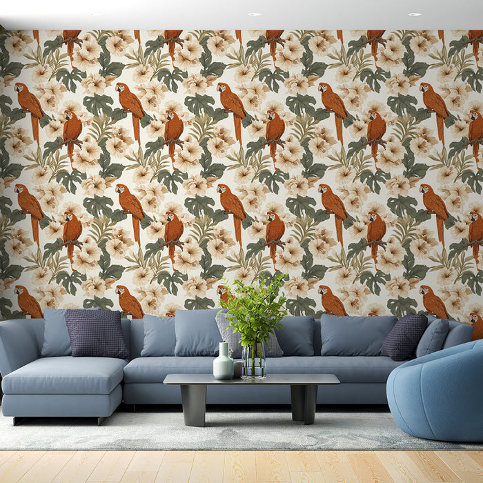 Un salon contemporain avec un papier peint tropical aux motifs de perroquets et de fleurs aux teintes chaudes, créant une atmosphère vivante et accueillante.