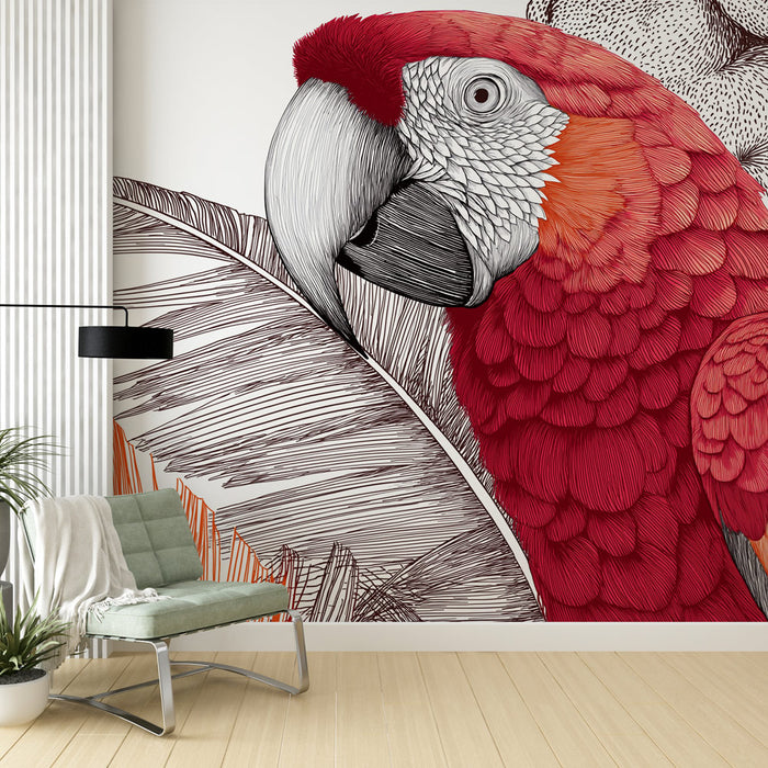 Une pièce moderne avec un papier peint représentant un perroquet rouge stylisé et des feuilles exotiques, créant une ambiance vibrante et tropicale.