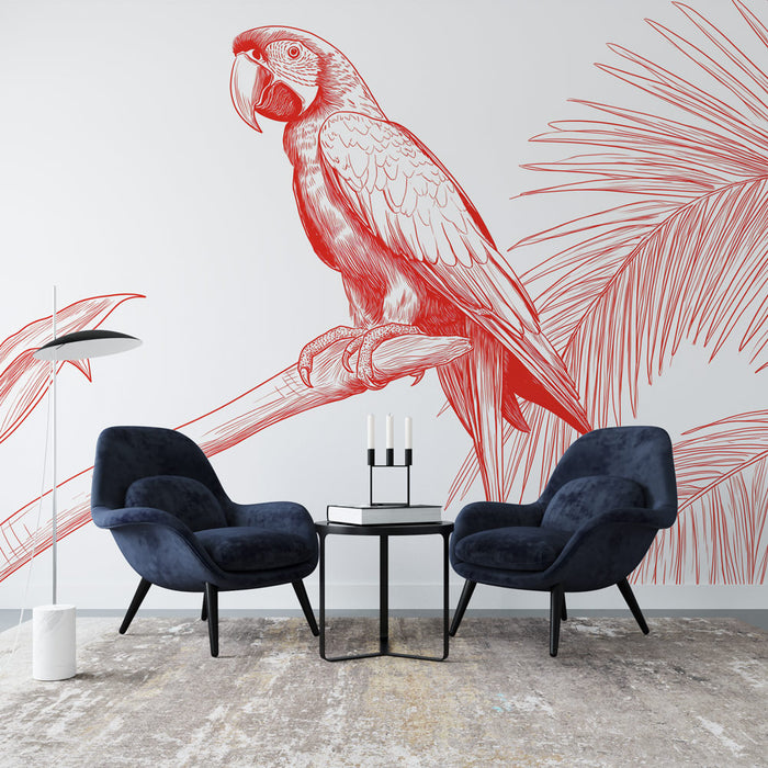 Une salle de séjour moderne avec un papier peint illustrant un perroquet rouge stylisé sur fond de palmiers, créant une ambiance tropicale et vivante.