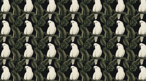 Papier peint perroquet Perroquets blancs sur fond noir avec feuillage luxuriant