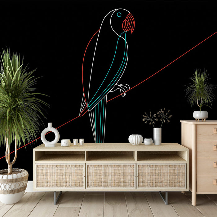 Une pièce moderne avec un papier peint noir illustrant un perroquet stylisé en lignes blanches et turquoise, créant une ambiance artistique et dynamique.