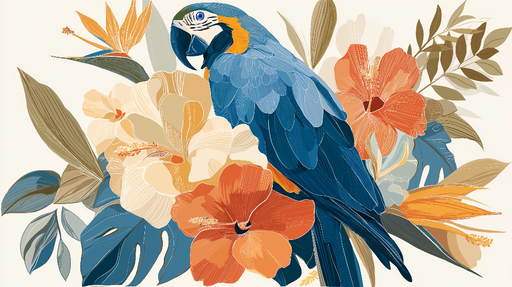 Papier peint perroquet tropical Un perroquet coloré entouré de fleurs exotiques