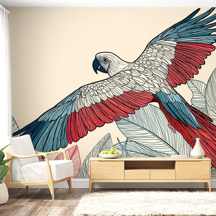 Une pièce lumineuse avec un papier peint illustrant un perroquet coloré aux plumes rouges, bleues et blanches, entouré de feuilles graphiques, créant une ambiance tropicale et vivante.