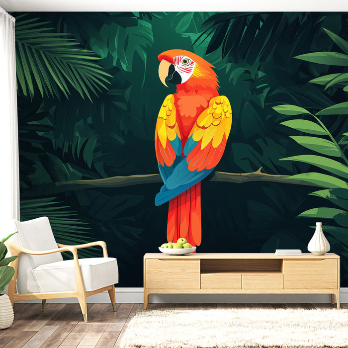 Un salon moderne avec un papier peint tropical représentant un perroquet coloré sur fond de feuillage luxuriant, créant une ambiance vivante et exotique.