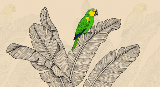 Papier peint perroquet Un perroquet coloré perché sur des feuilles stylisées