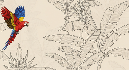 Papier peint perroquet Un perroquet coloré sur fond de feuilles stylisées