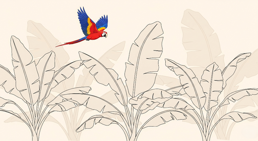 Papier peint perroquet Un perroquet coloré sur un fond de feuilles stylisées