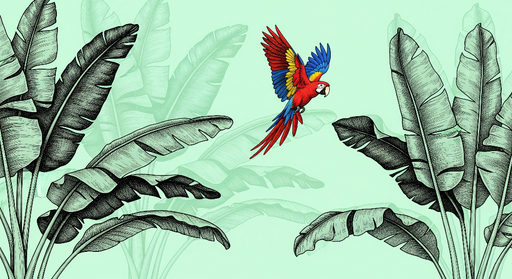 Papier peint perroquet Un perroquet coloré virevoltant parmi des feuilles tropicales élégantes