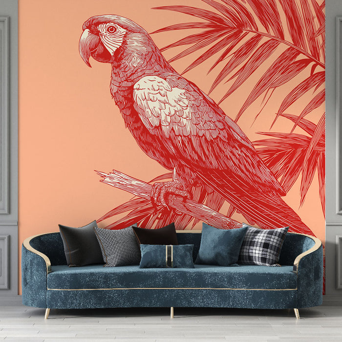 Un salon élégant avec un papier peint illustrant un perroquet rouge sur fond pêche, entouré de feuilles de palmier, créant une atmosphère tropicale et vivante.