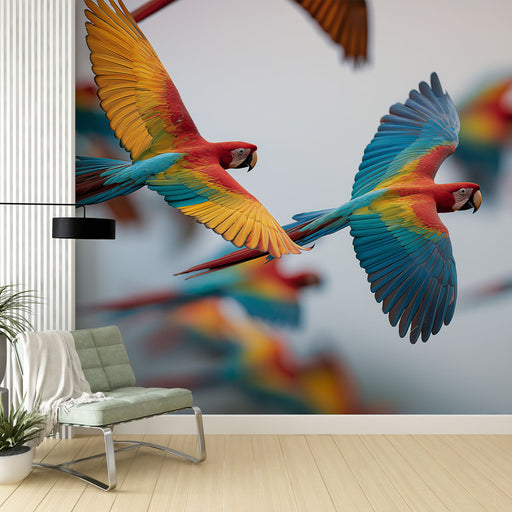 Une pièce moderne avec un papier peint représentant des perroquets colorés aux plumages vifs, créant une atmosphère dynamique et tropicale.
