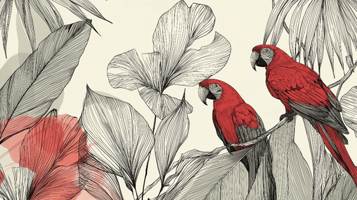 Papier peint perroquets et feuillage Perroquets rouges sur fond feutré