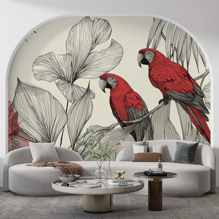 Une pièce moderne avec un papier peint tropical représentant des perroquets rouges et des feuilles délicates sur fond clair, créant une atmosphère vivante et accueillante.