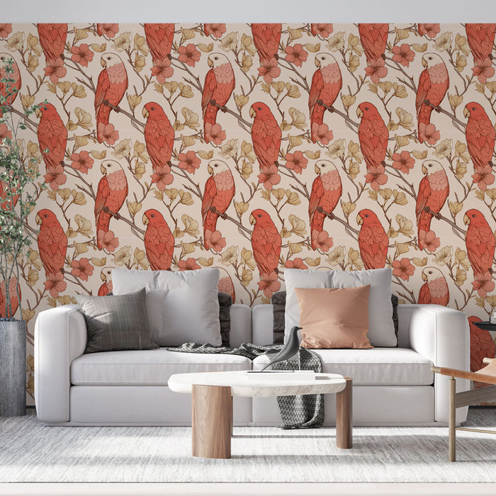 Un salon moderne avec un papier peint floral représentant des perroquets rouges sur un fond clair, créant une ambiance chaleureuse et vivante.