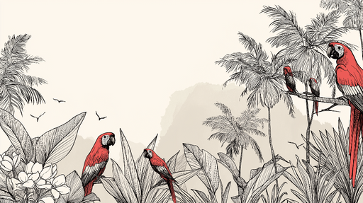 Papier peint perroquets Paysage tropical animé avec des perroquets colorés et des palmiers élégants