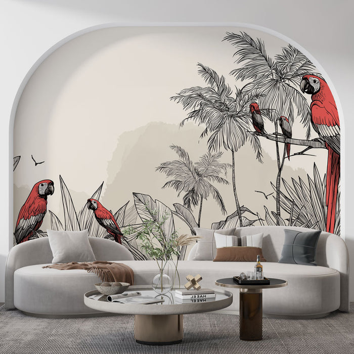 Un salon moderne avec un papier peint tropical représentant des perroquets rouges et des palmiers sur un fond crème, créant une ambiance vivante et exotique.