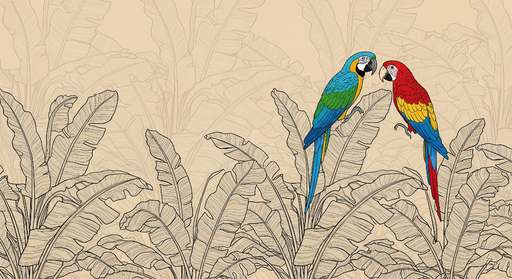 Papier peint perroquets Perroquets colorés se tenant parmi des feuilles tropicales