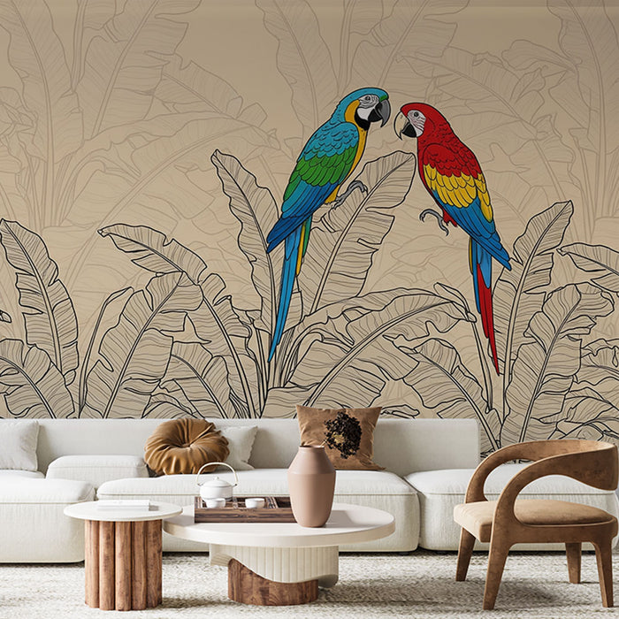 Un salon moderne avec un papier peint tropical représentant des perroquets colorés sur fond beige, créant une atmosphère vivante et accueillante.