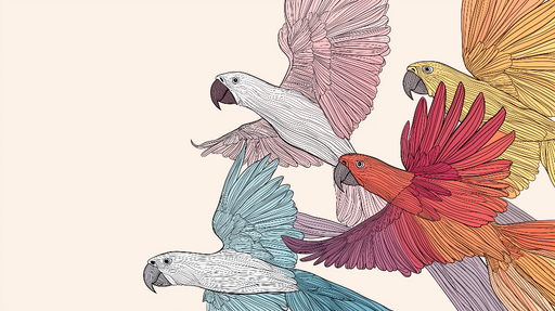 Papier peint perroquets Quatre perroquets colorés en plein vol avec des détails fins