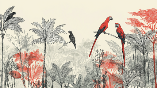 Papier peint perroquets tropicaux Illustrations élégantes de perroquets rouges et de feuillages luxuriants