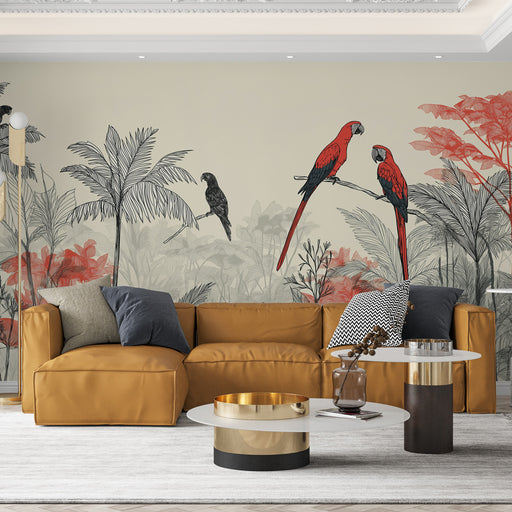 Un salon moderne avec un papier peint tropical représentant des perroquets rouges et des feuillages stylisés, créant une ambiance vivante et exotique.