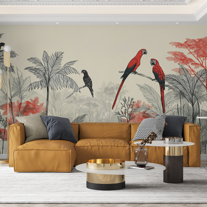 Un salon moderne avec un papier peint tropical représentant des perroquets rouges et des feuillages stylisés, créant une ambiance vivante et exotique.