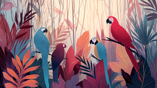 Papier peint perroquets Un motif captivant de perroquets colorés parmi des feuillages luxuriants