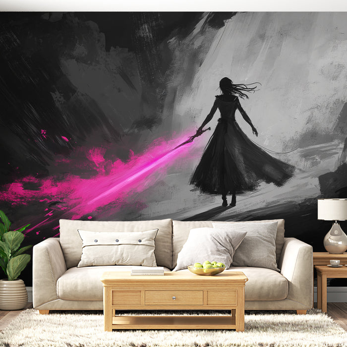 Un salon moderne avec un papier peint artistique représentant une silhouette féminine tenant une épée lumineuse rose sur fond noir et gris, créant une ambiance dynamique et intrigante.