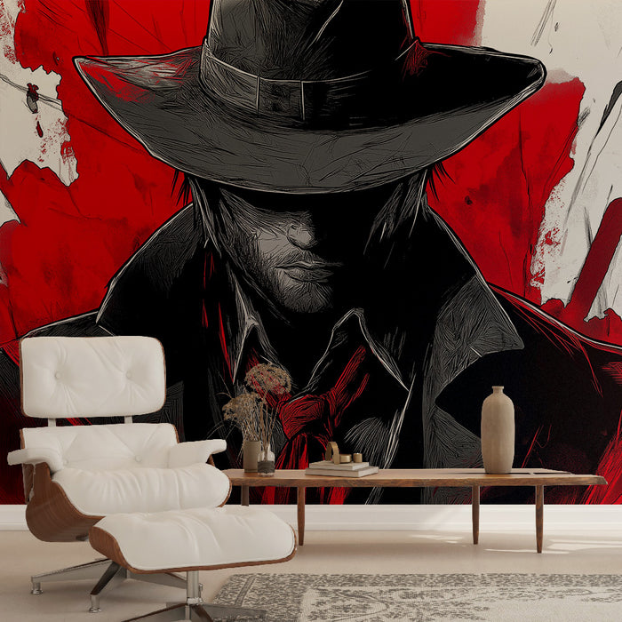 Une pièce moderne avec un papier peint artistique représentant un personnage mystérieux sur fond rouge et noir, créant une ambiance audacieuse et intrigante.