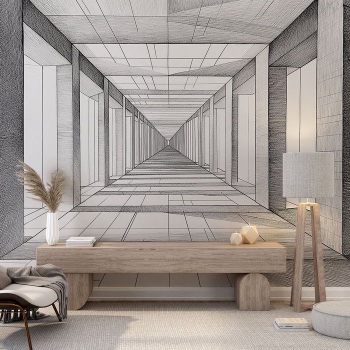 Papier peint design linéaire noir et blanc avec perspective géométrique pour salon moderne