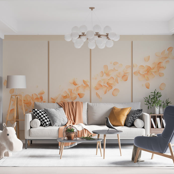 Un salon moderne avec un papier peint aux motifs de pétales orangés sur fond beige créant une atmosphère douce et apaisante.