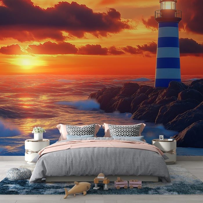 Papier peint coucher de soleil avec phare rayé bleu et blanc pour chambre moderne