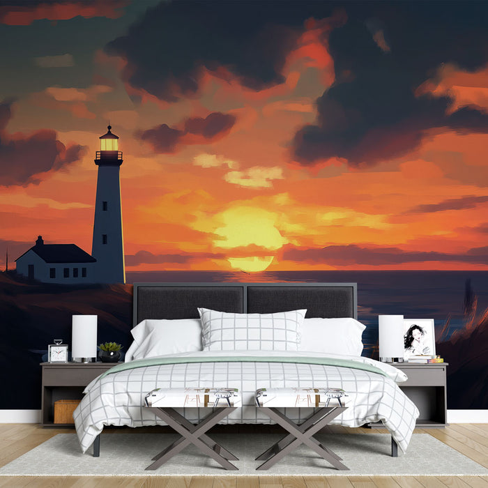 Papier peint coucher de soleil avec phare illuminé pour chambre moderne