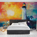 Papier peint coloré avec phare et coucher de soleil pour chambre moderne bord de mer