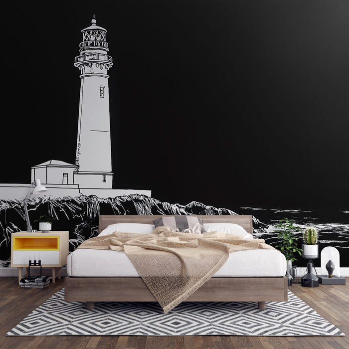 Papier peint noir avec contour stylisé d'un phare pour chambre moderne